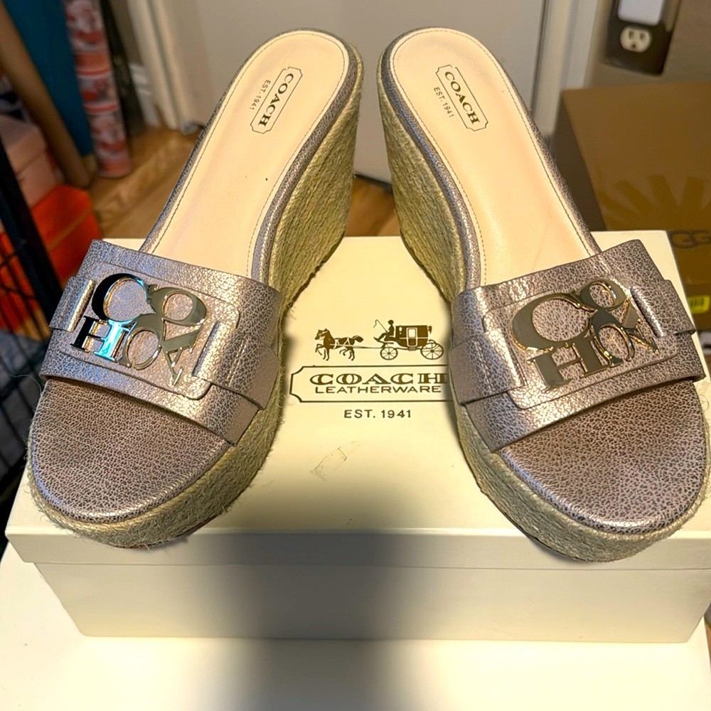 Coach Metallic Rose Gold Espadrille Wedge Slides